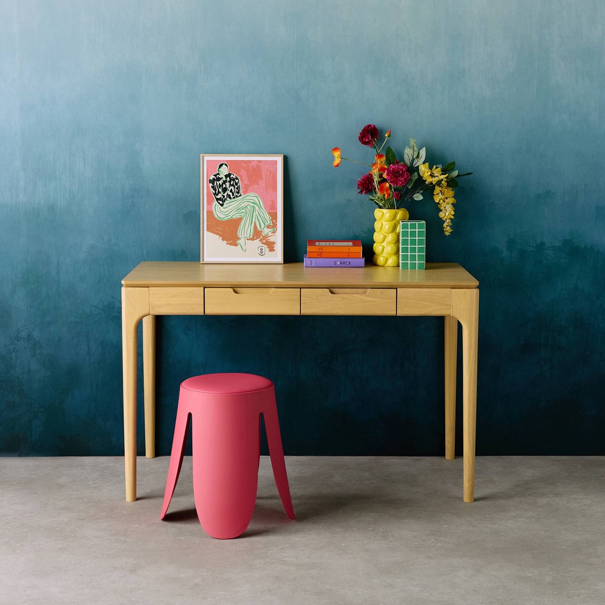 Bureau bois d'hévéa placage frêne 2 tiroirs ALIENOR naturel, SWEEEK