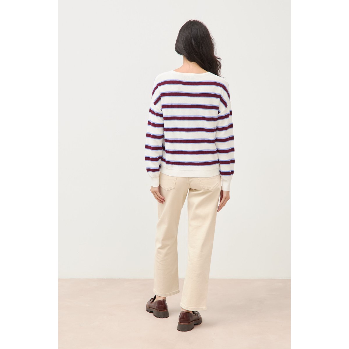 Pull col rond manches longues en coton marron chocolat, BONOBO