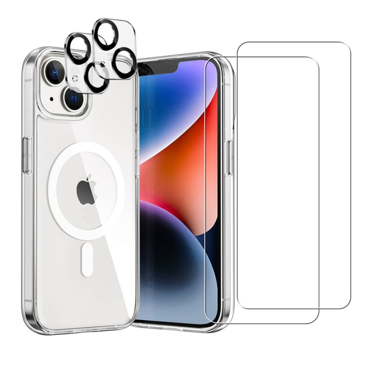 Coque Anti-choc compatible Magsafe pour iPhone 14 Plus Transparente + 2 protections écran et 2 protections objectif caméra transparent, EVETANE