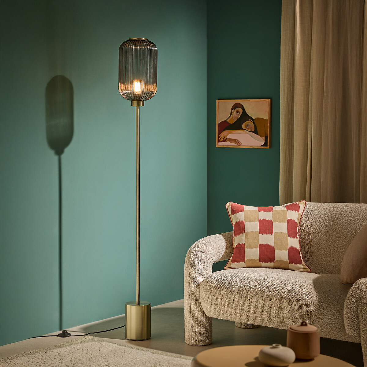 MADE.COM Briz Ribbed Glass Floor Lamp smoke grey, MADE