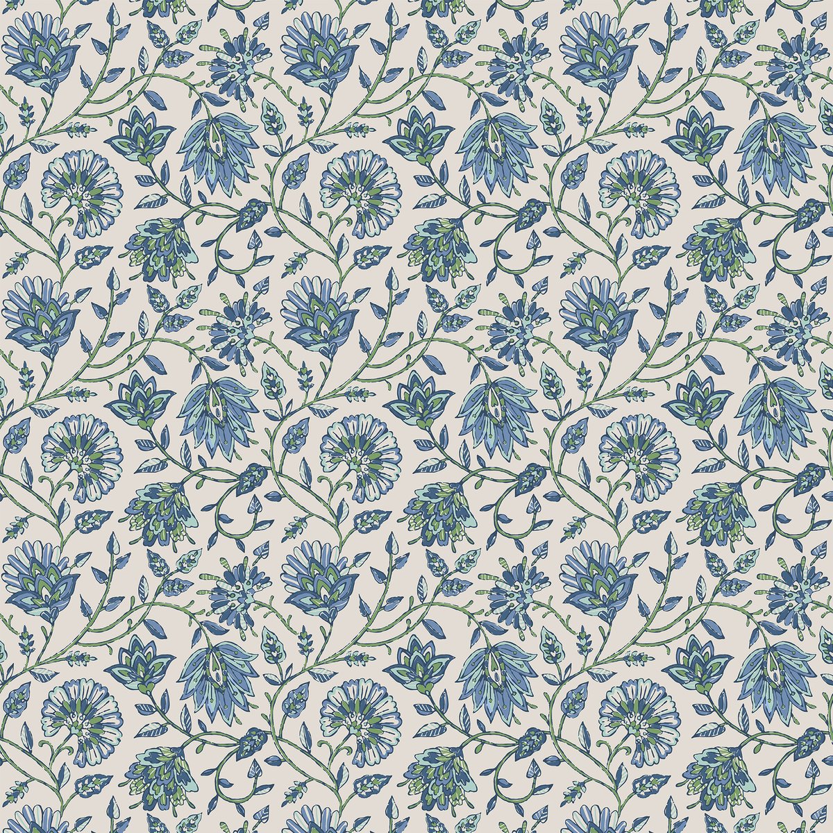 Papier peint fleurs indiennes bleu, JOULES