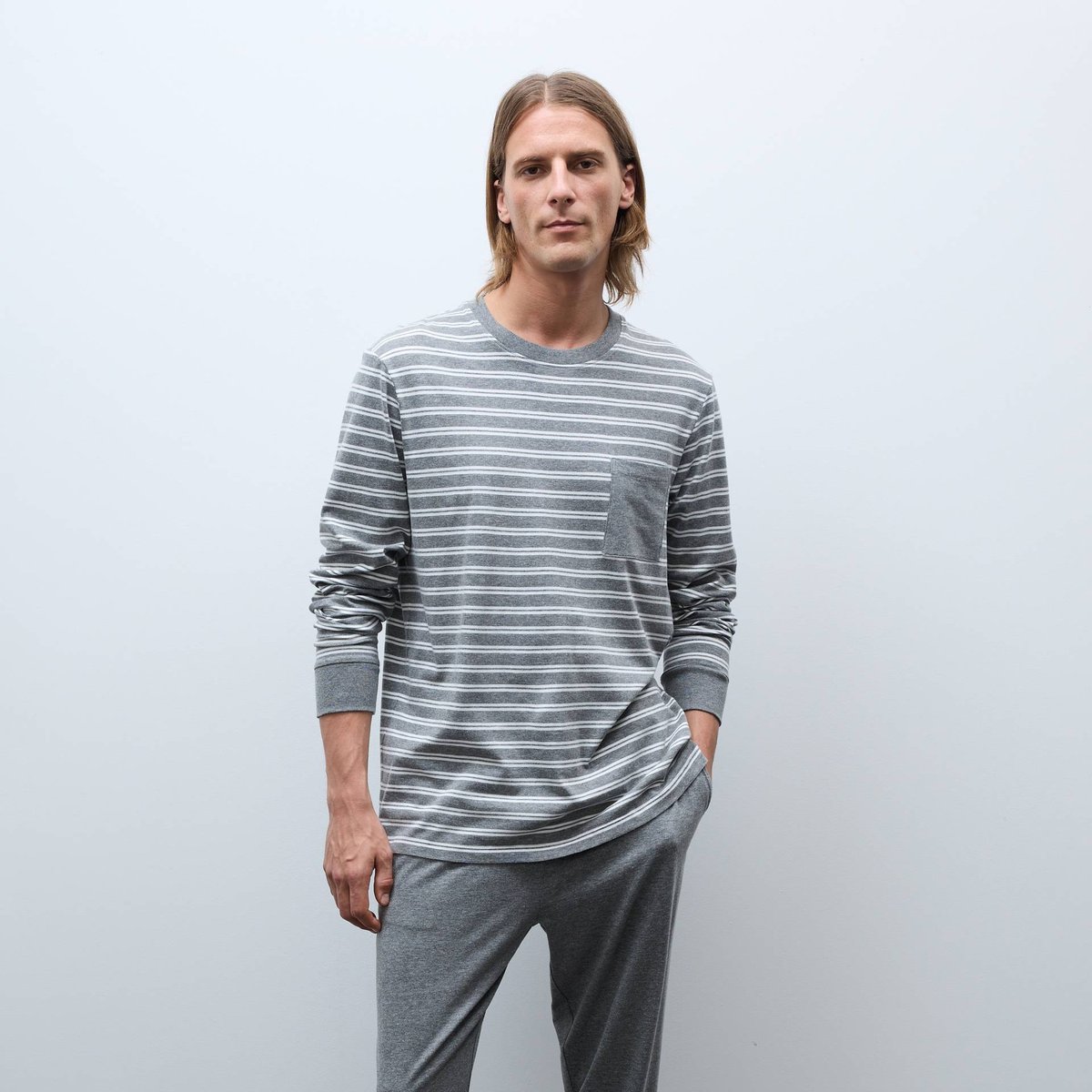 Ensemble de pyjama long en jersey en coton gris moyen, MONOPRIX
