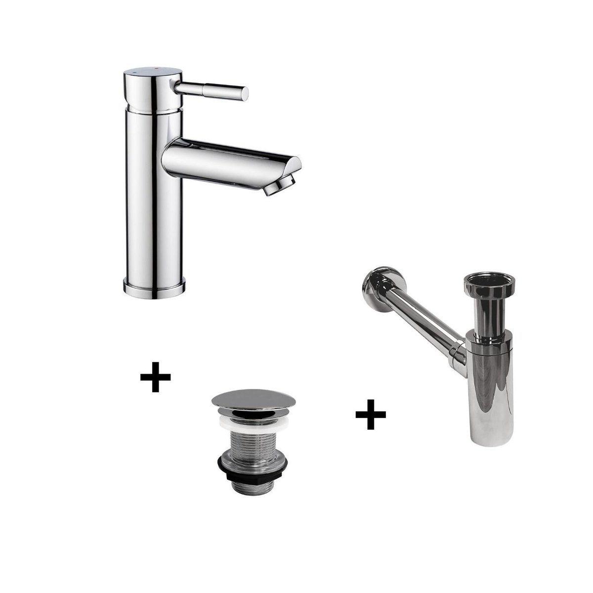 Robinet bec bas TAP + bonde LIV + siphon SIMON chromé, MOB IN
