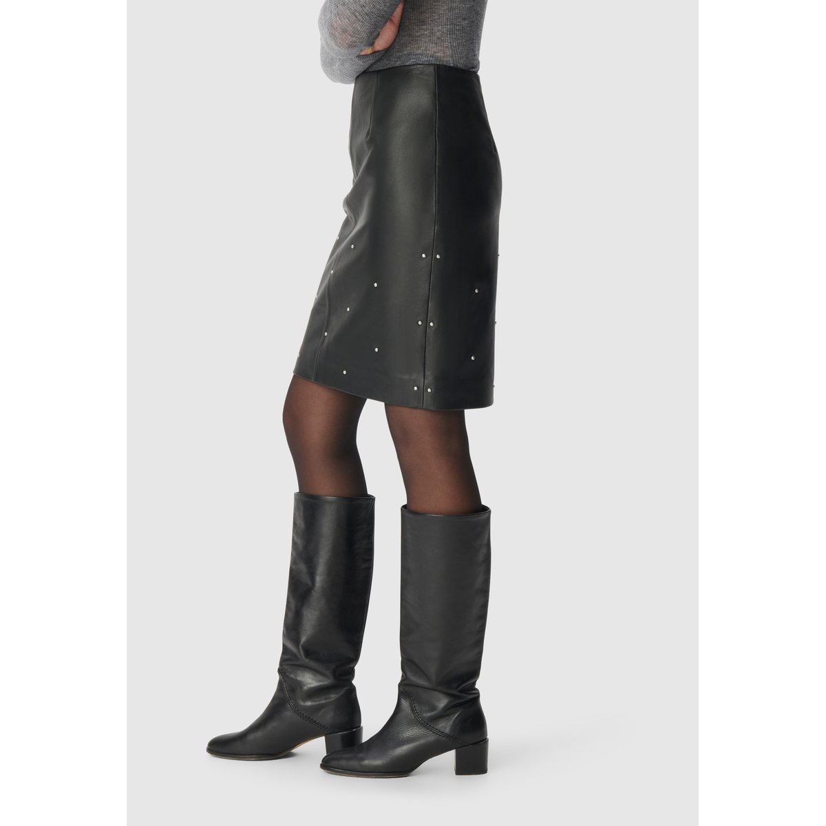 Jupe cuir décor clous forme crayon noir, IKKS