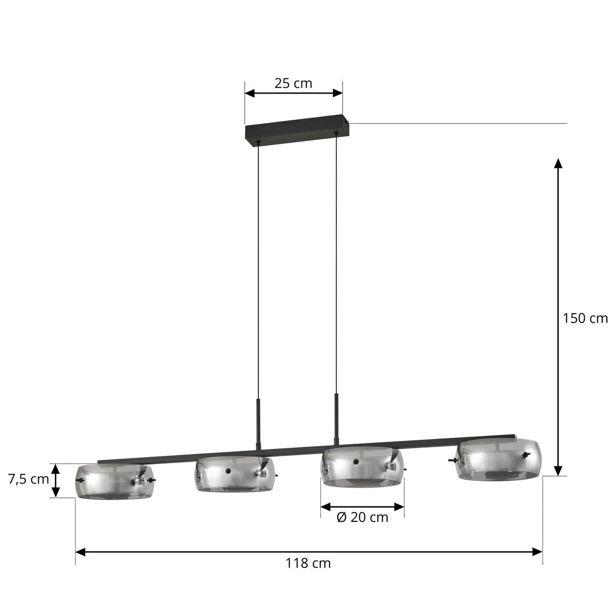 Suspension en verre moderneLED, Martis noir, gris fumé, LUCANDE