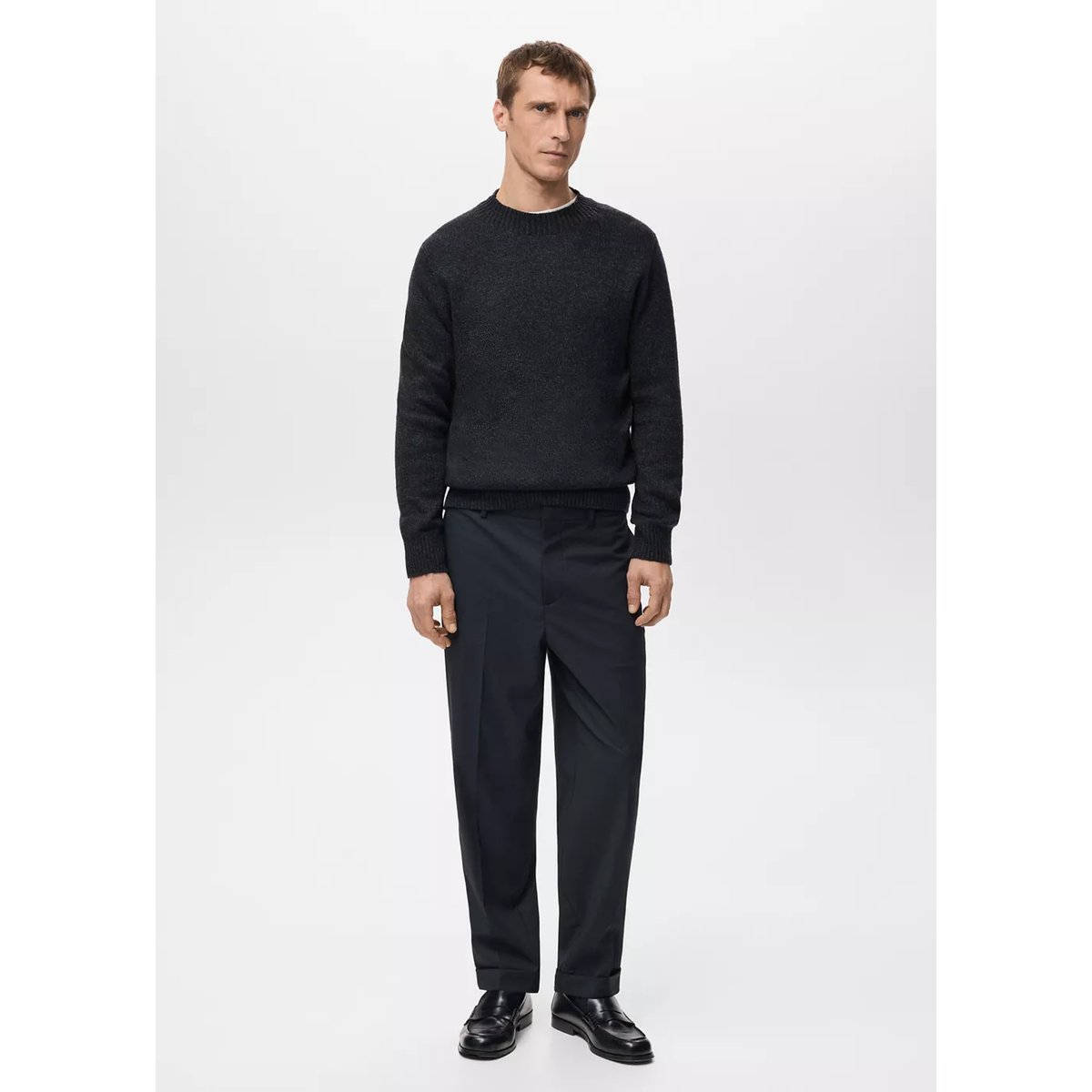 Pull col côtelé en laine mélangée bleu marine, MANGO MAN