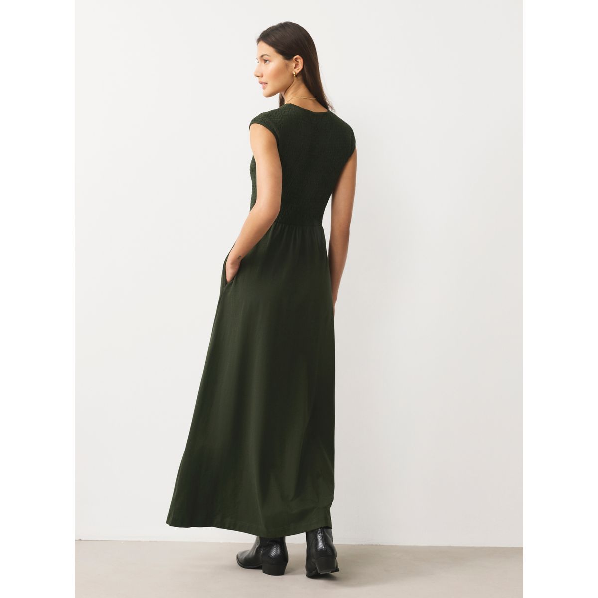 Robe mi-longue froncée en jersey à mancherons vert kaki, NEXT