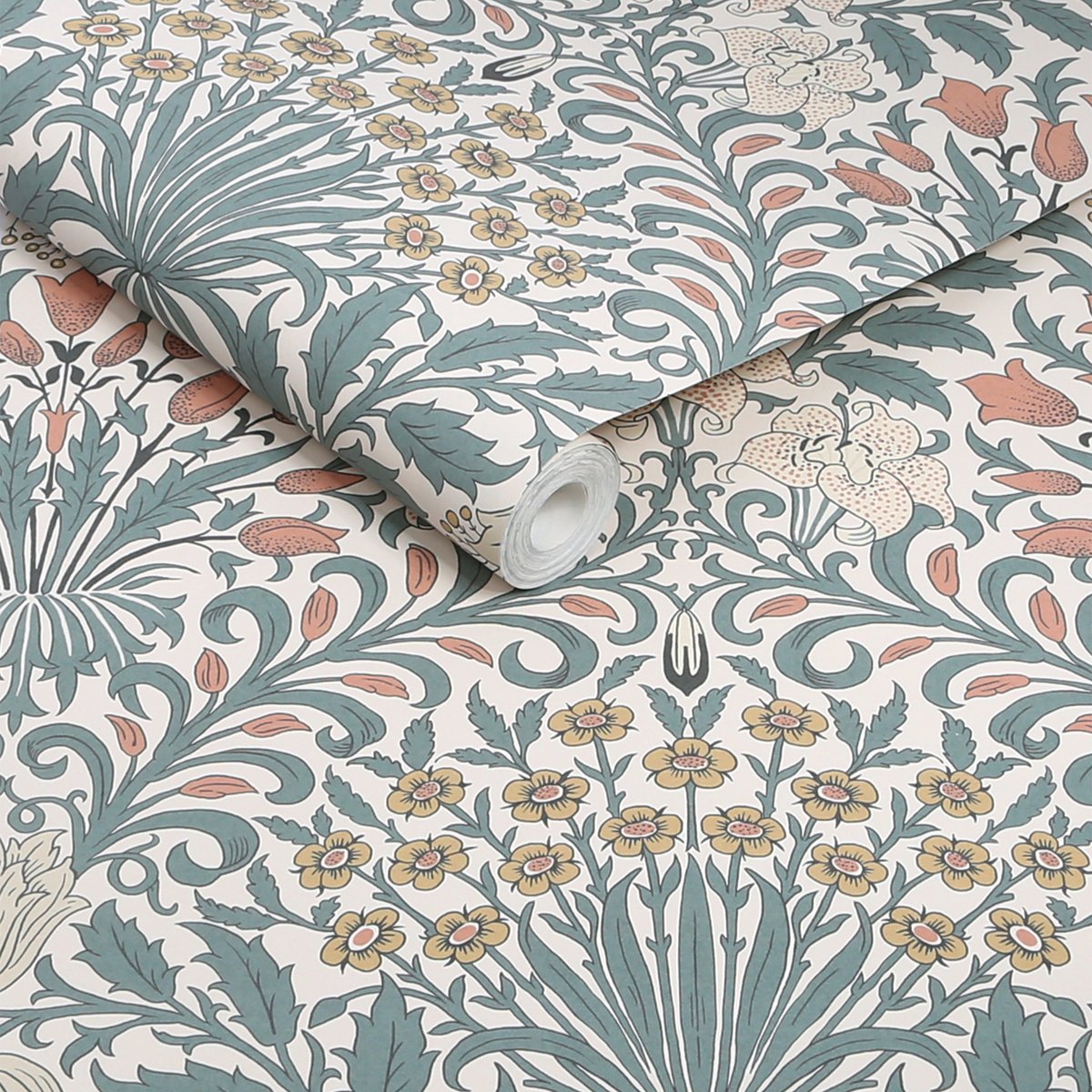 Papier peint fleurs de lys jardin du matin vert-bleu grisé, rose, moutarde, WILLIAM MORRIS AT HOME