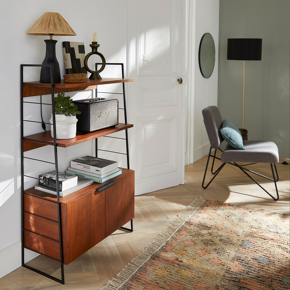 Watford Bookcase in Steel and Walnut Veneer, Height 123cm black/walnut stain, LA REDOUTE INTERIEURS