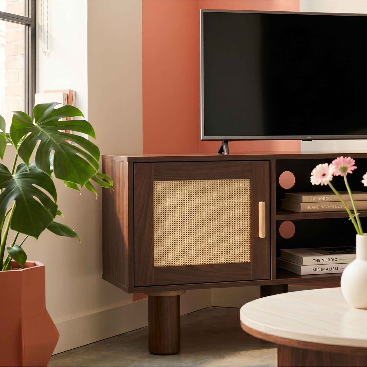 Meuble TV d'angle effet bois et cannage 120 cm en rotin synthétique style bohème, ADAM bois foncé, OVIALA