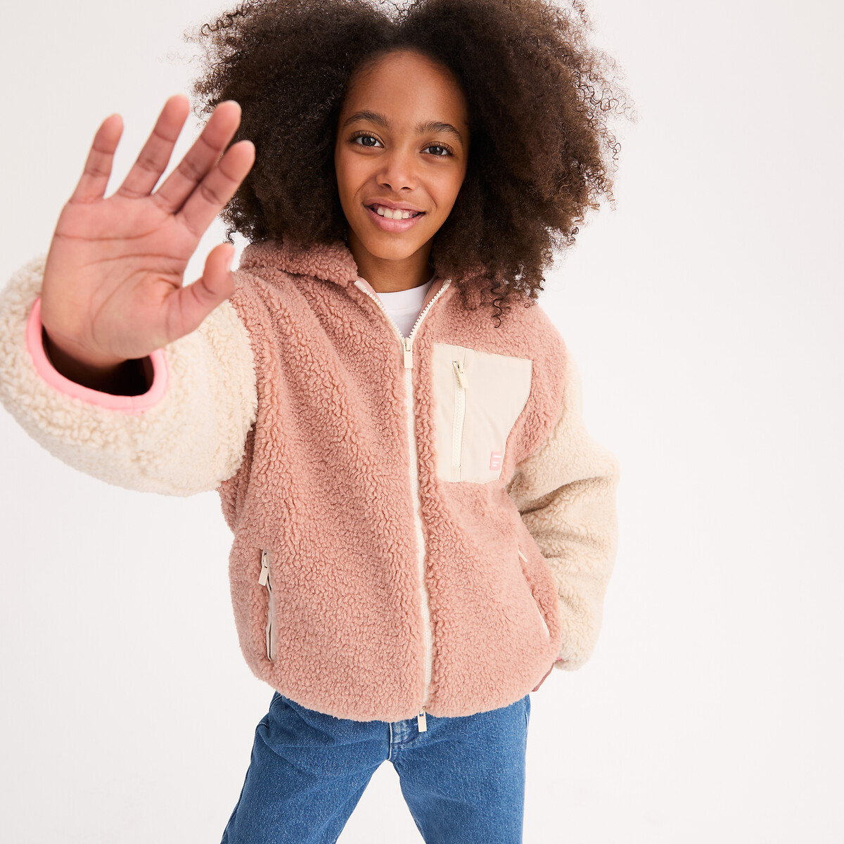 Manteau à capuche en sherpa rose + écru, LA REDOUTE COLLECTIONS
