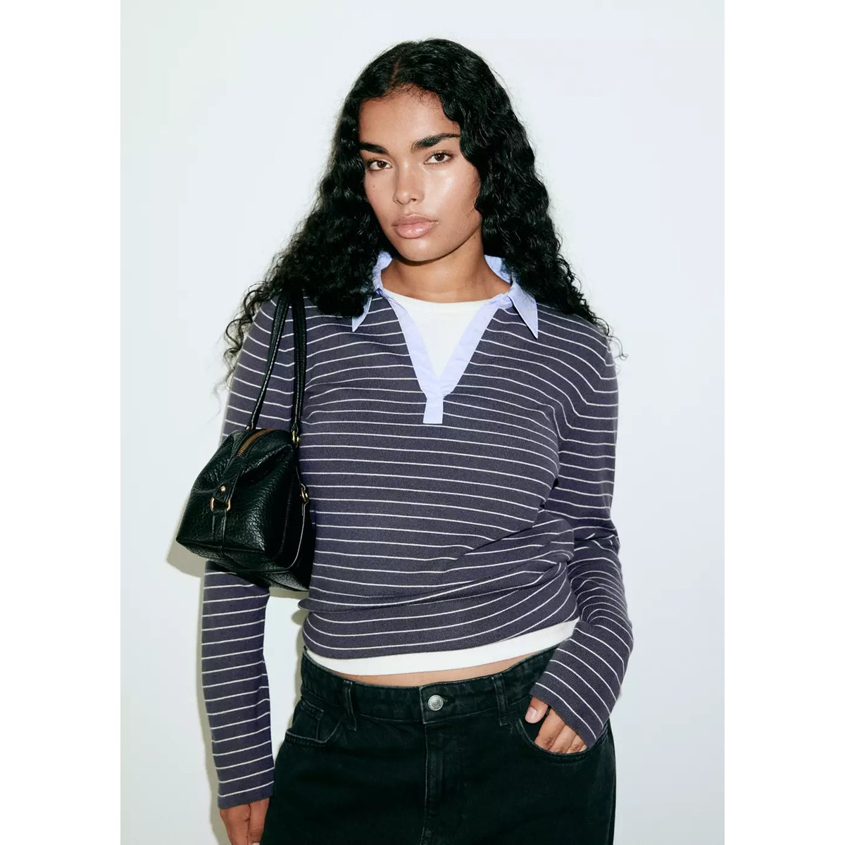 Pull-over cintré rayures col chemise gris chiné moyen, MANGO