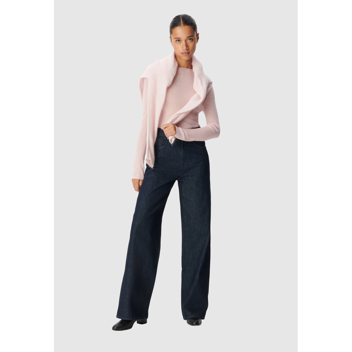 Pull col rond tricot fin 100% laine rose pâle, IKKS