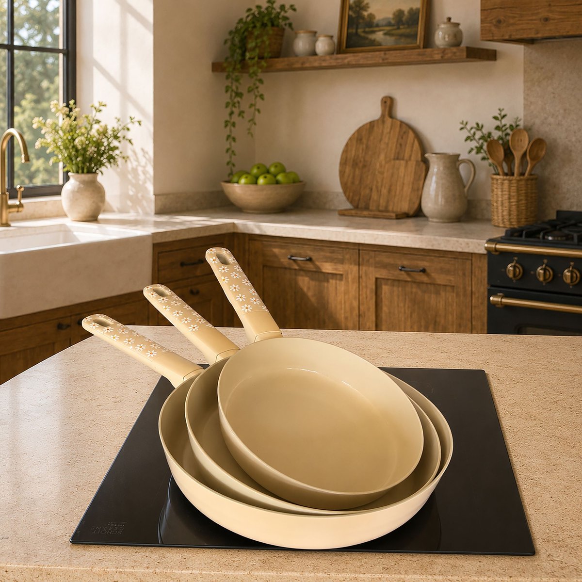 Lot de 3 poêles 20/24/28 cm en aluminium, MARGUERITE beige, MENASTYL