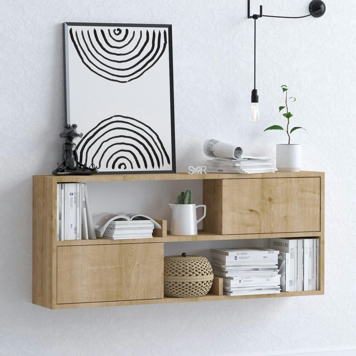 Rangement mural suspendu effet chêne, avec niches MARFA bois naturel, PIER IMPORT
