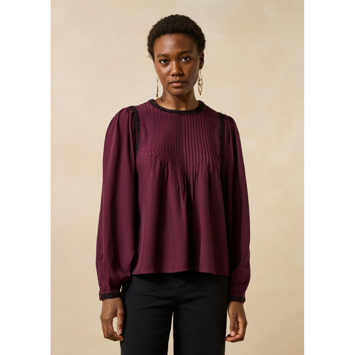 Top plissé manches longues bordeaux / noir, LA FEE MARABOUTEE