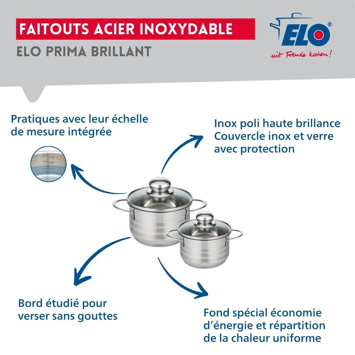 Batterie 3 poêles 24/28/32cm + 2 faitouts 12/14cm PROFI BRILLANT gris, ELO