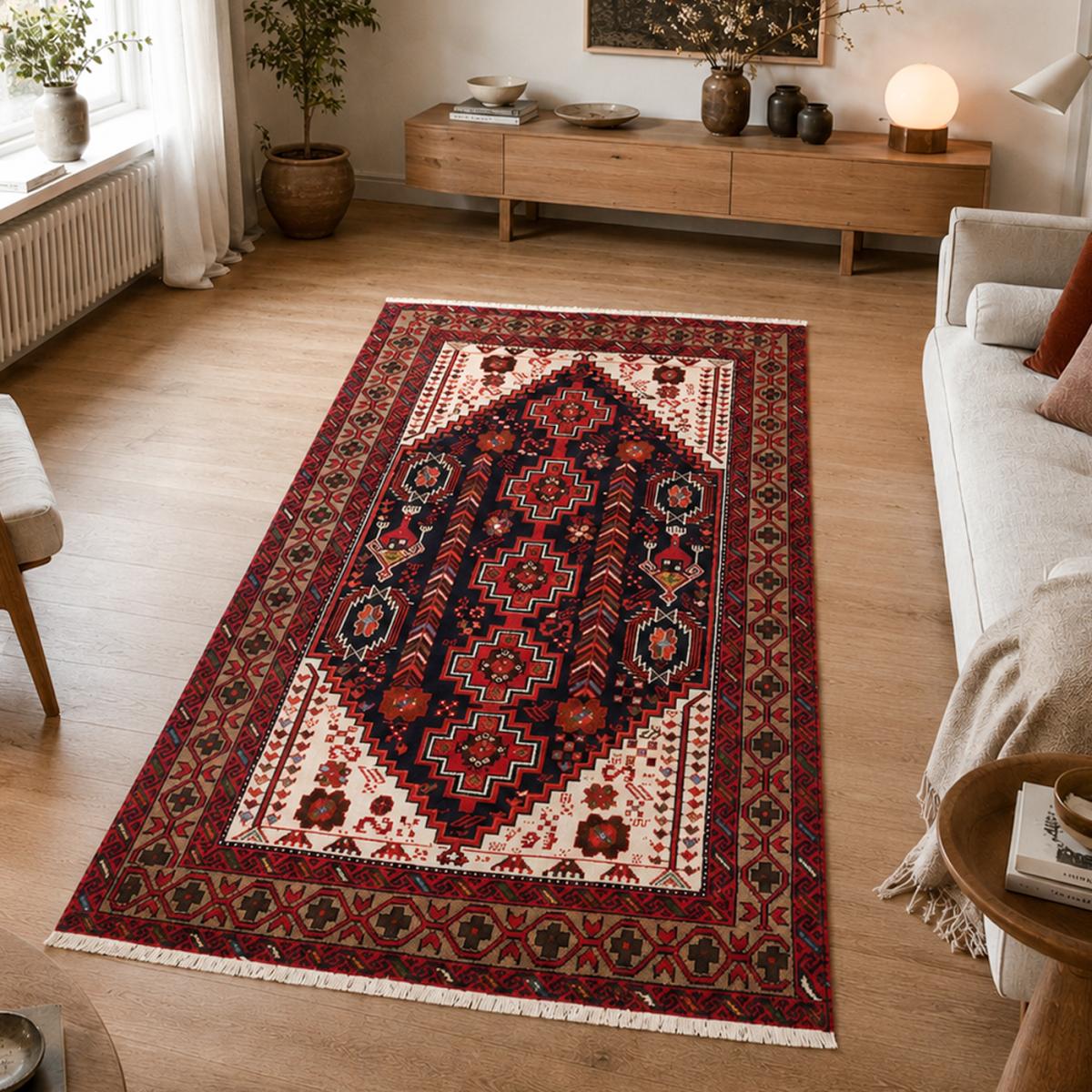 Tapis d'orient, motif oriental, noué main, laine, BALUTSCH 3 rouge, beige, noir, UN AMOUR DE TAPIS