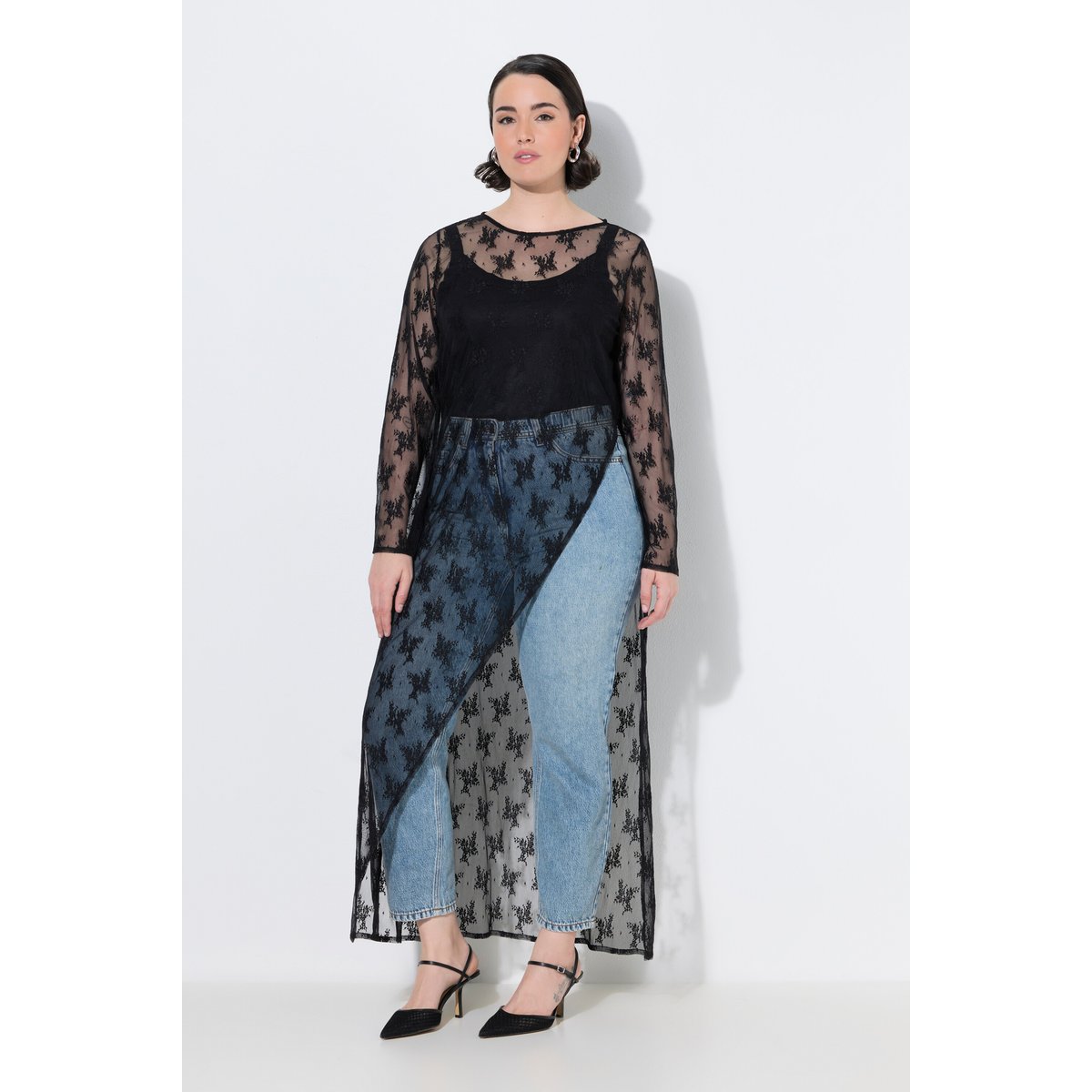 Robe maxi en dentelle, coupe évasée noir, ULLA POPKEN
