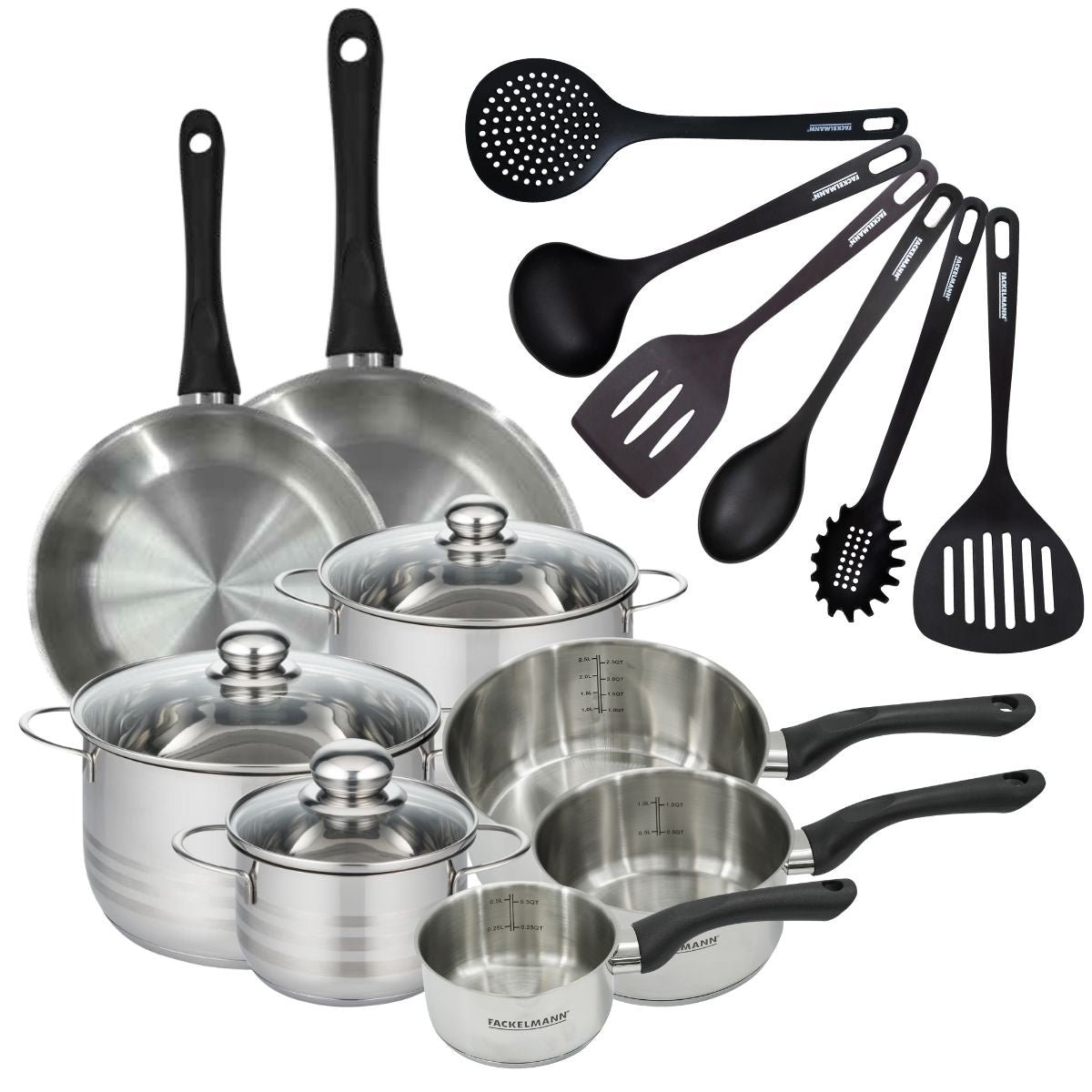 2 poêles 24/28, 3 faitouts 16/20/24, 3 casseroles 12/16/20 inox|noir, FACKELMANN