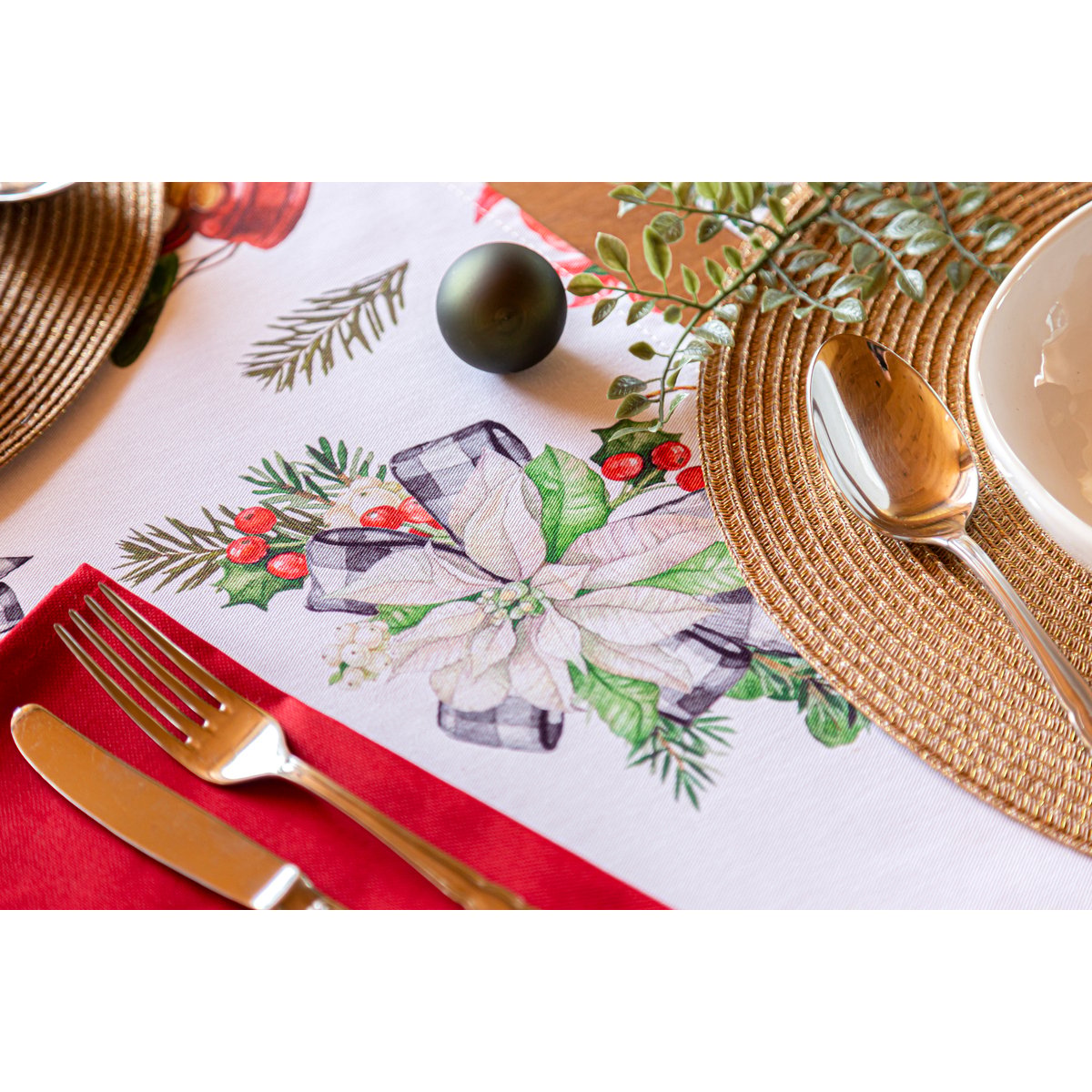 Chemin de table de NOËL RIBBON 50x150 cm blanc/vert, NAF NAF HOME