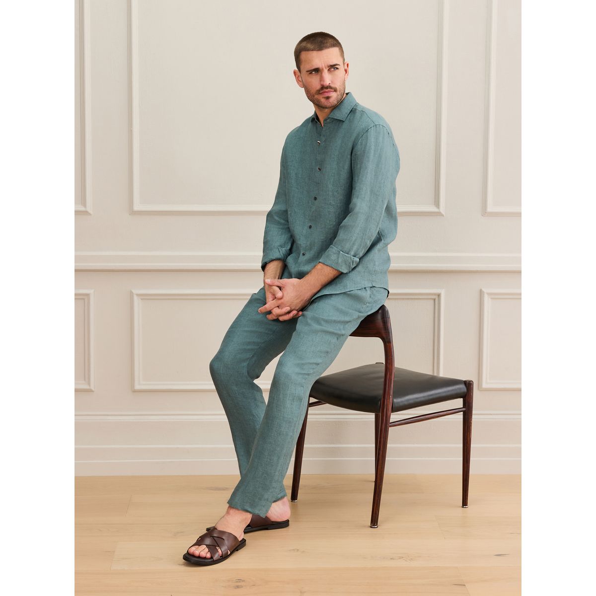 Chemise manches longues lin tissé signature bleu sarcelle, NEXT