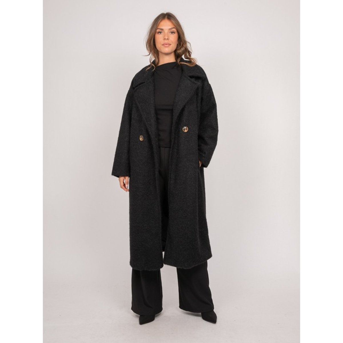 Manteau Long Oversize Maille Bouclée Uven noir, DONA LISA