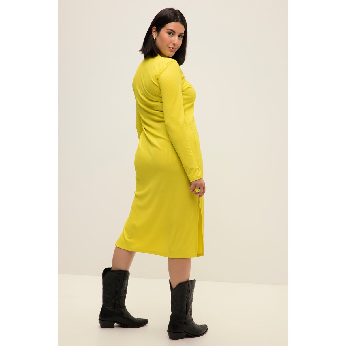 Robe midi ligne A en jersey côtelé, col V vert jaune, STUDIO UNTOLD