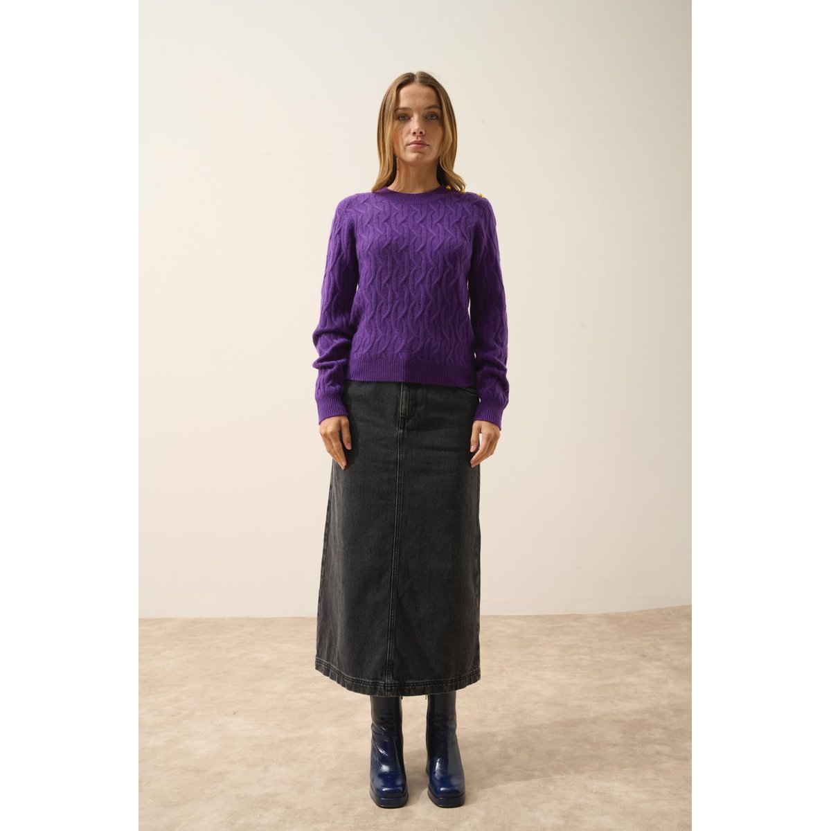 Pull Col Rond Marin 4 Fils Violette Lynd violet, JUST CASHMERE