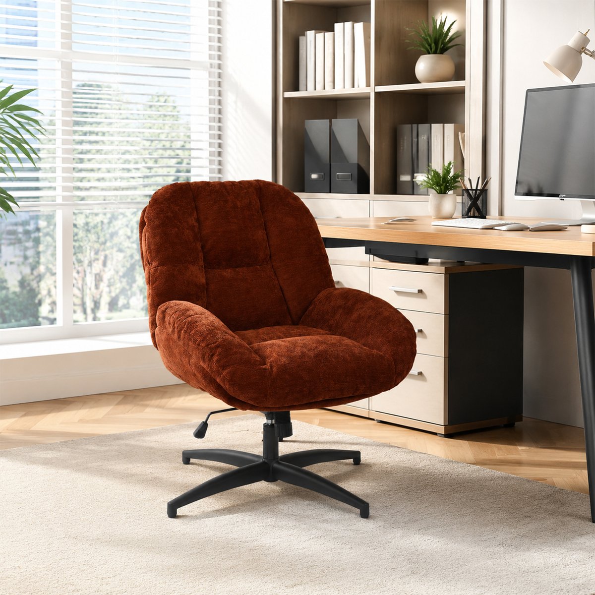 Chaise de bureau pivotante avec dossier inclinable en chenille, LITHOPSFIX CHENILLEO rouge, MEUBLES COSY