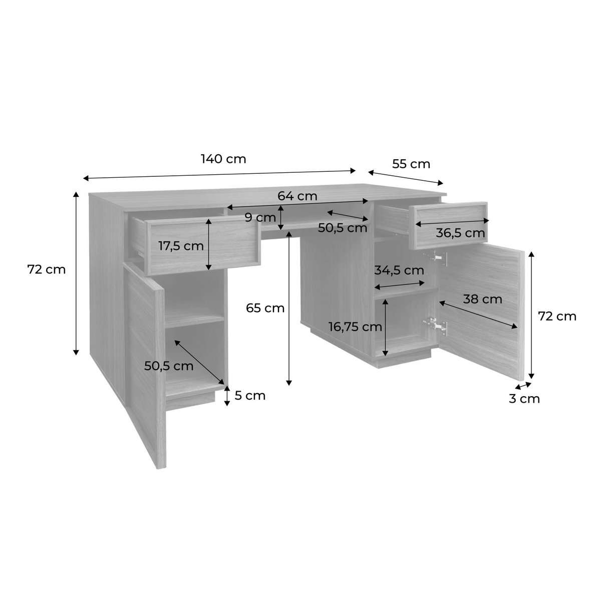 Bureau décor bois 2 portes 2 tiroirs 1 niche 140cm KUBA noyer, SWEEEK