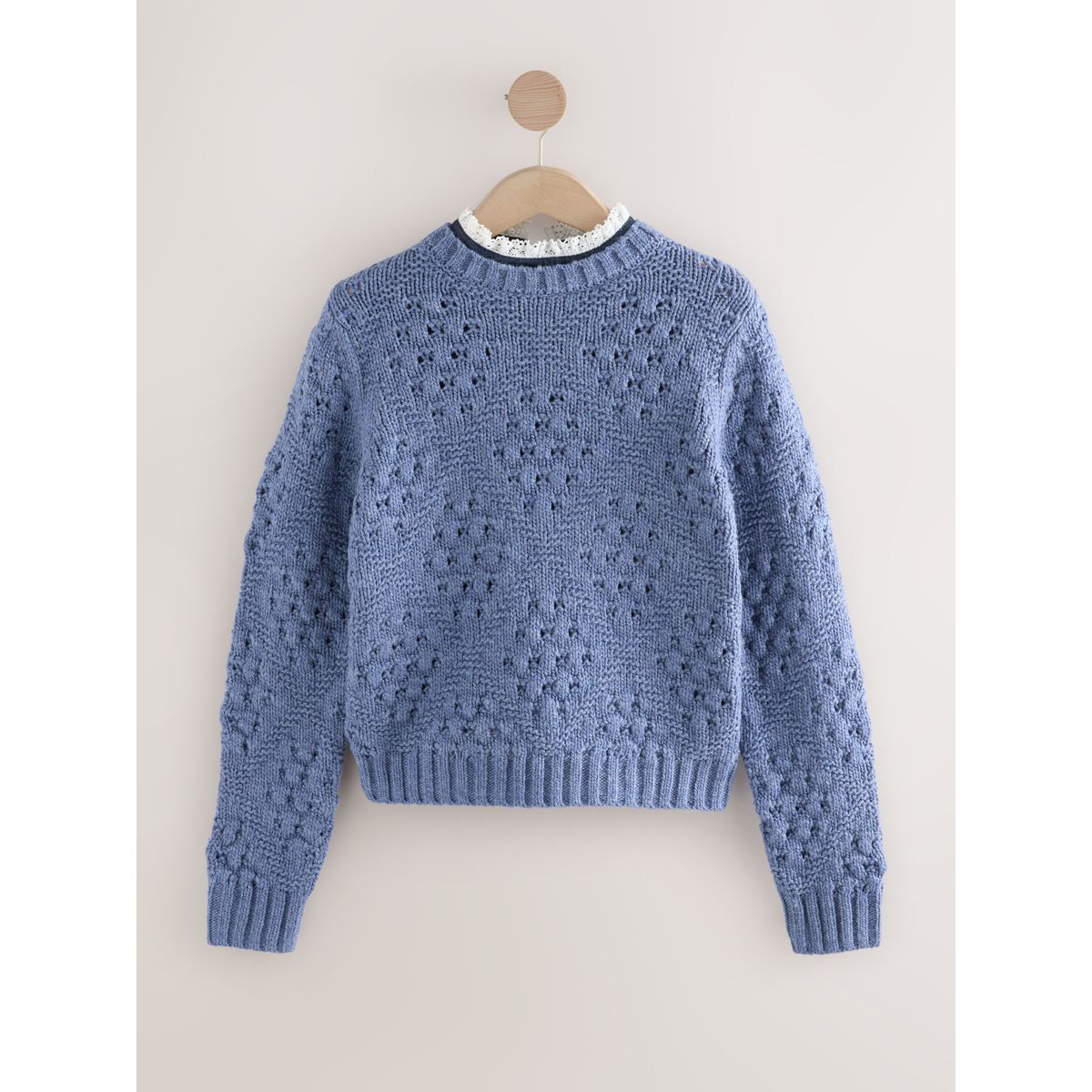 Pull avec col à volants, surpiqûres et laine chambray bleu, NEXT