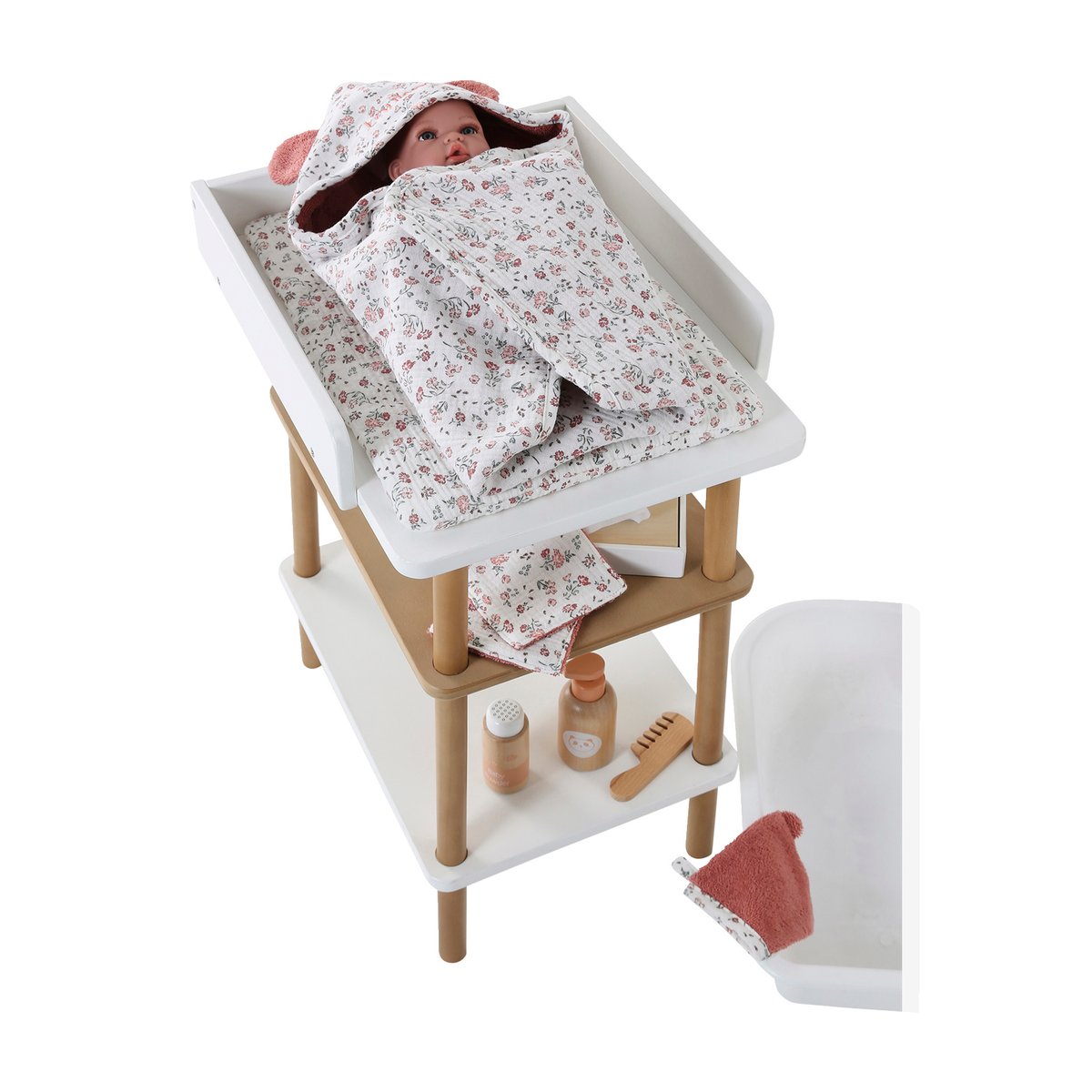 Set cape de bain + gant + lingettes poupon petites fleurs, VERTBAUDET