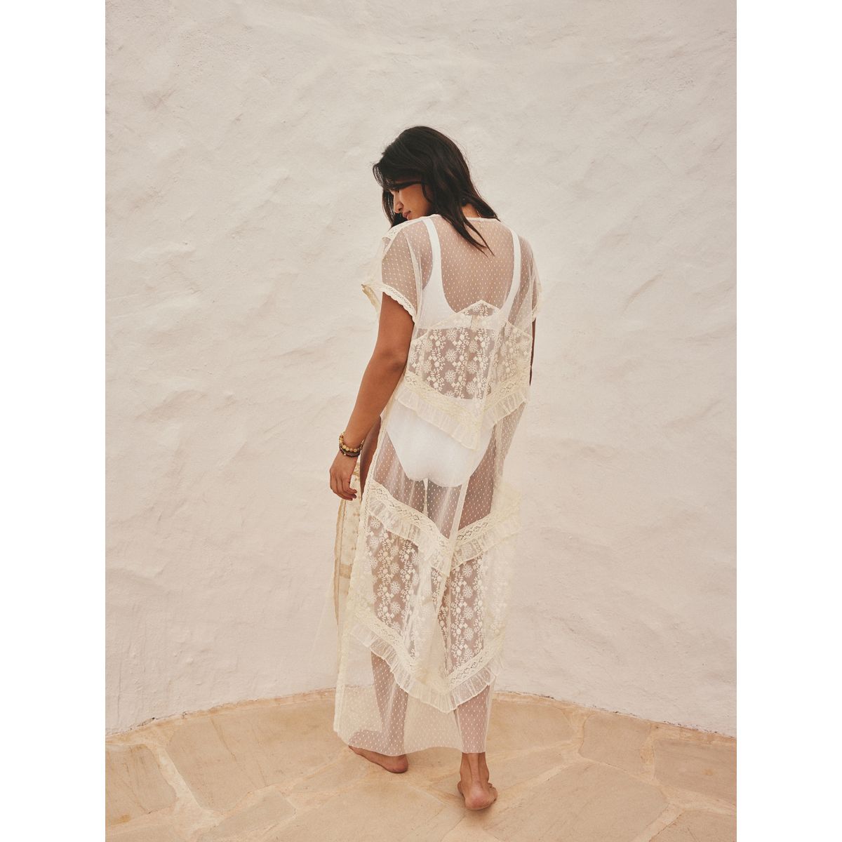 Robe caftan longue dentelle écru, NEXT