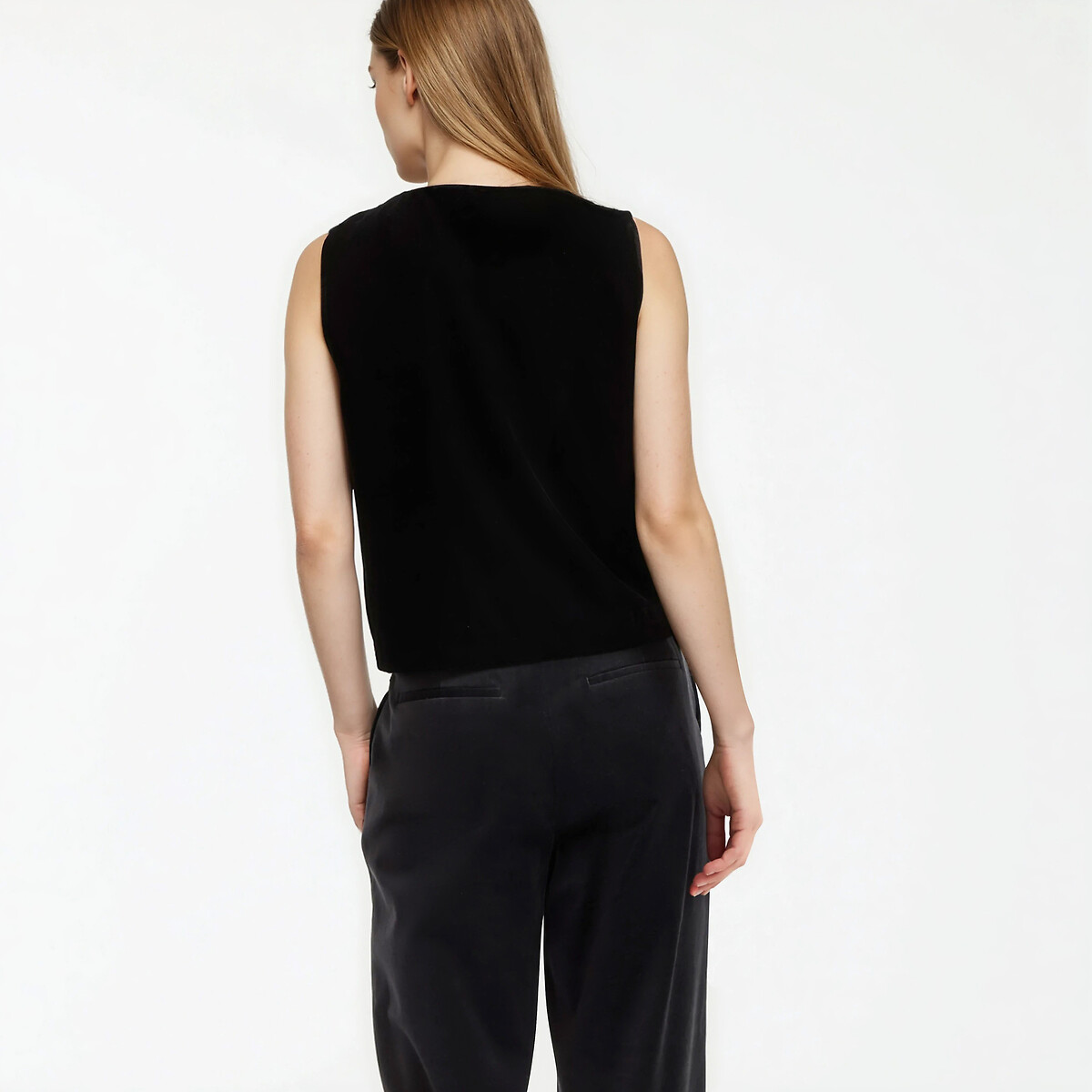 Smooth Velour Sleeveless Top with Crew Neck black, LA REDOUTE COLLECTIONS