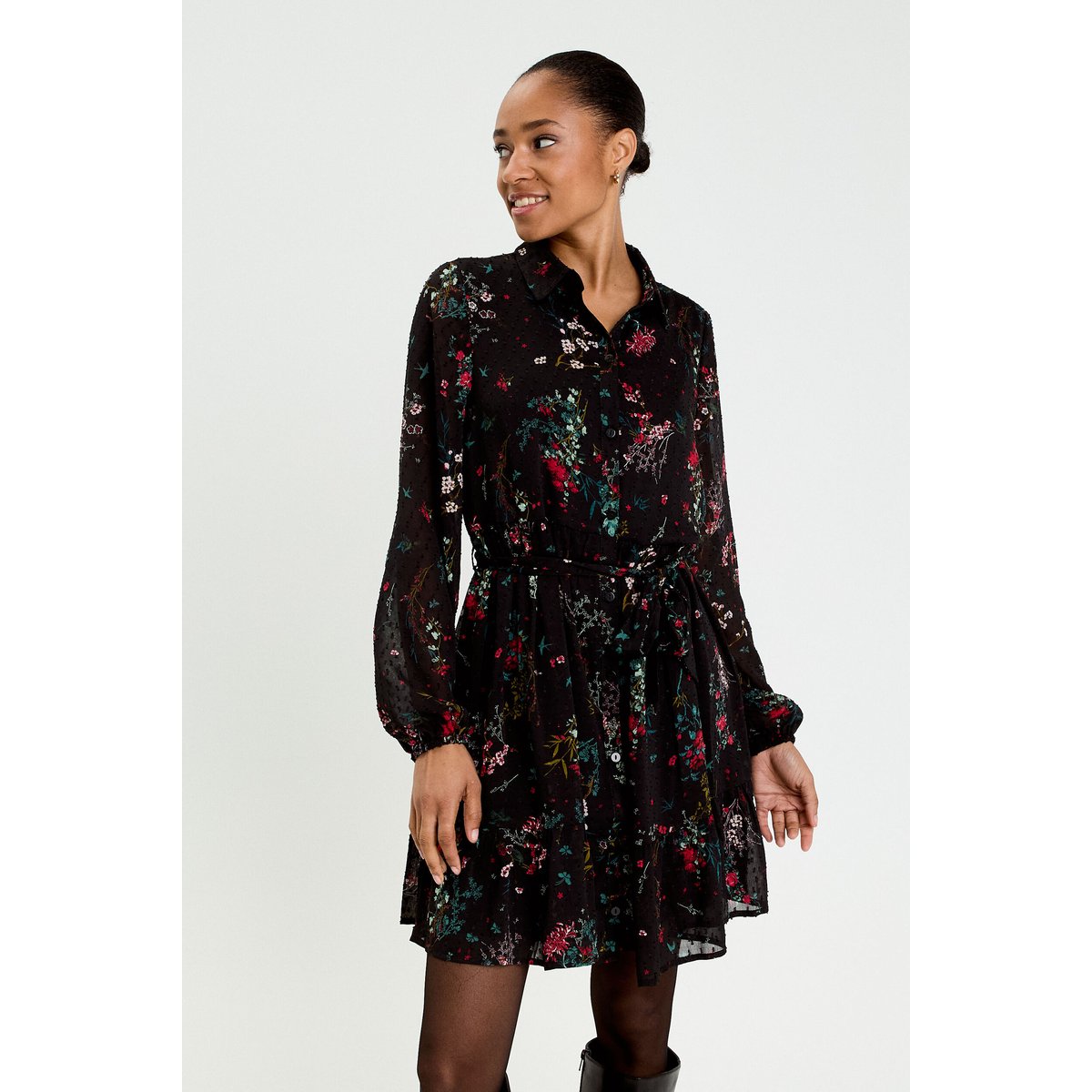 Robe évasée col chemise noir, CACHE CACHE