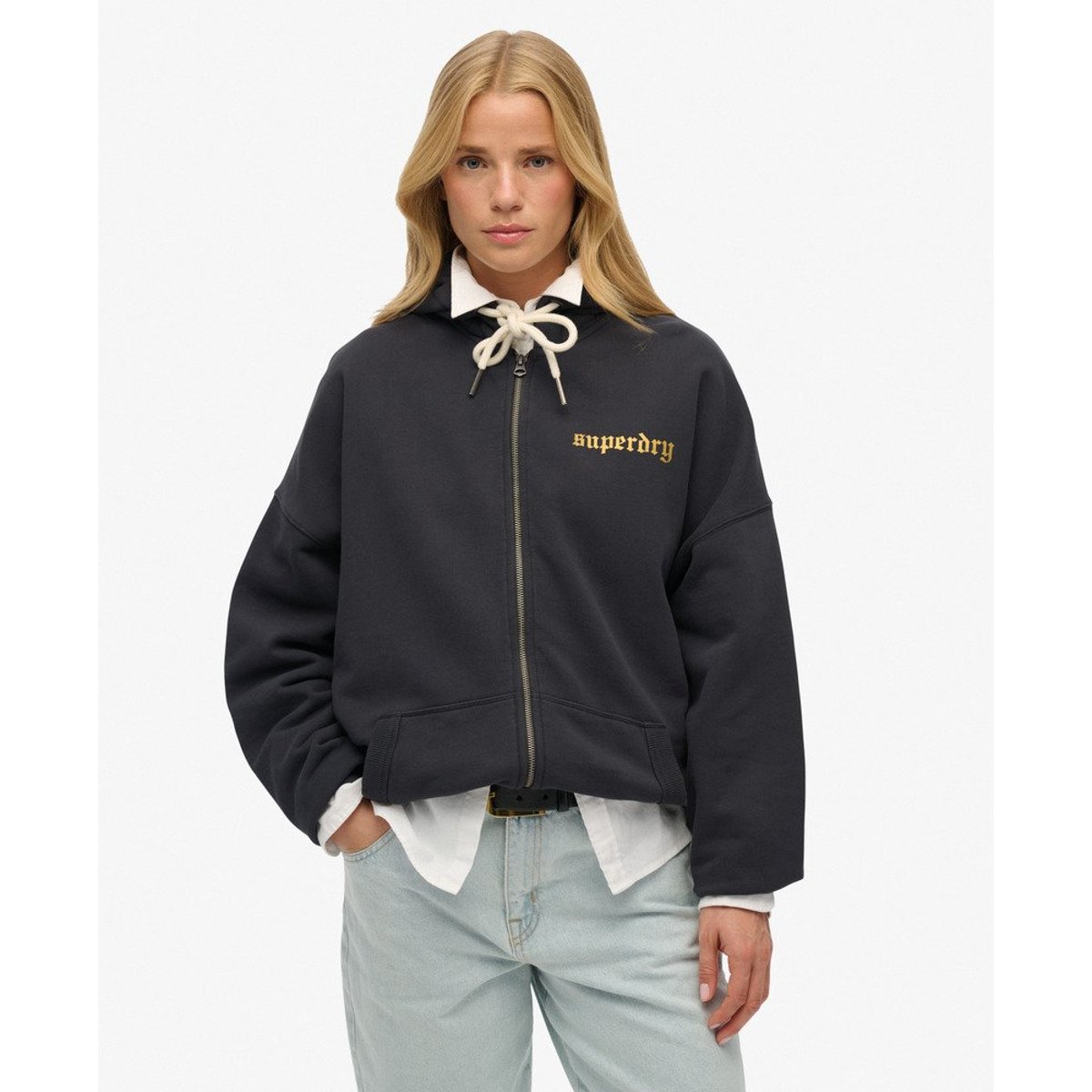 Sweat à capuche zippé oversize Old School Tattoo noir délavé, SUPERDRY