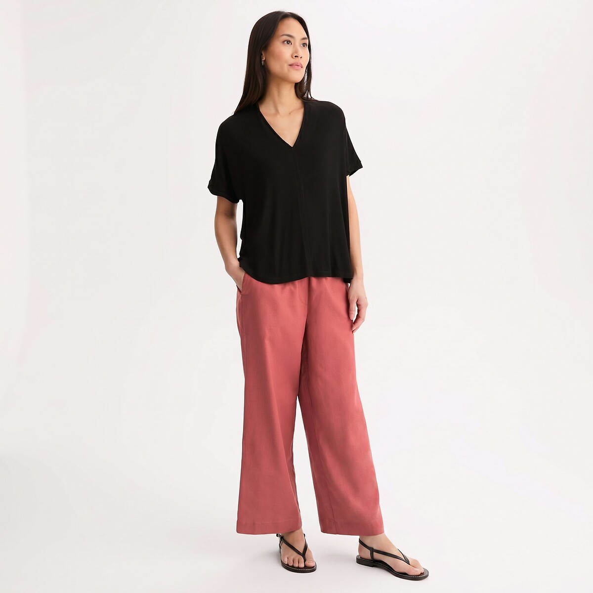 Pantalon large 7/8ème en lin et coton à taille élastiquée rouge brique, ANNE WEYBURN
