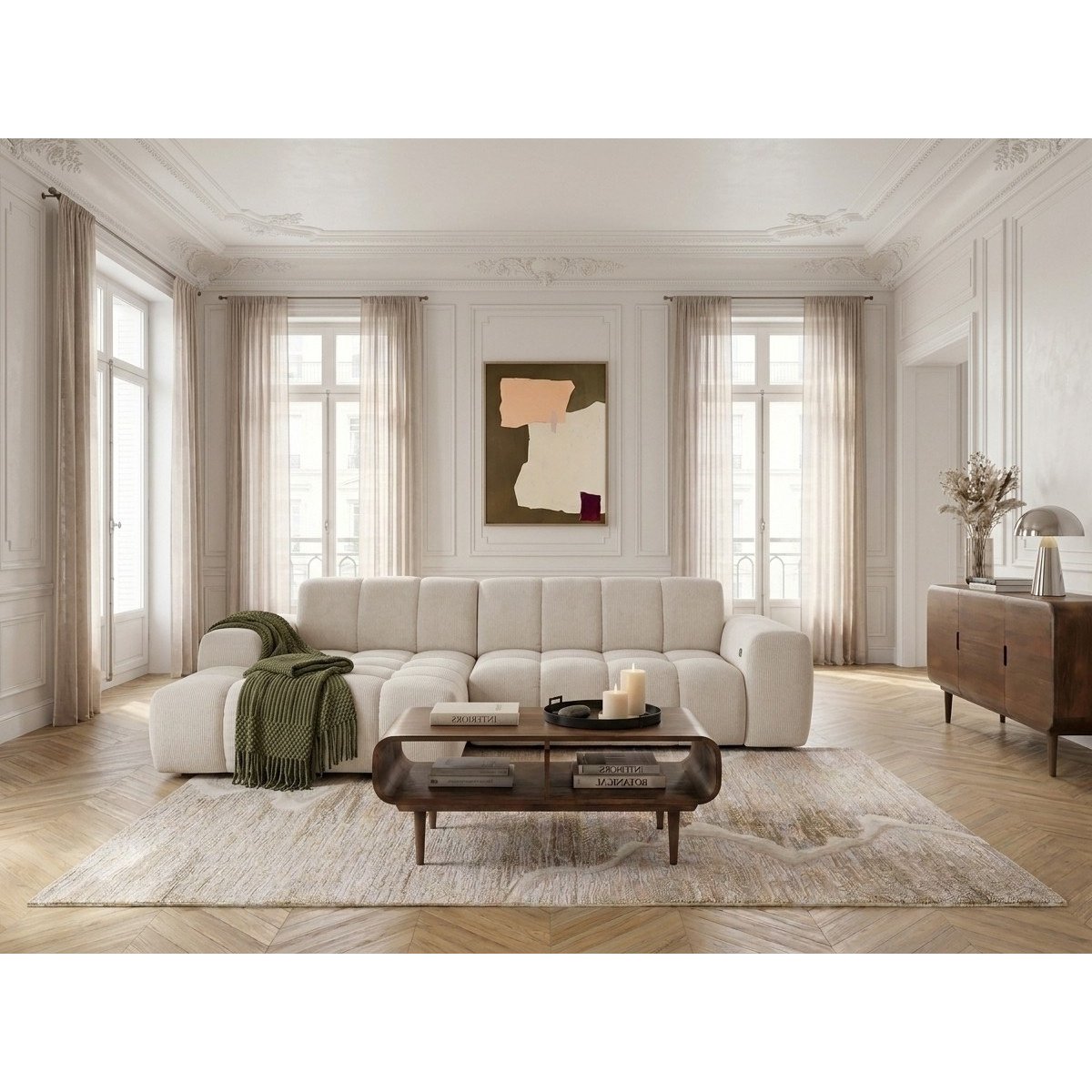 Canapé d'angle convertible 3 places en tissu chenille, THEO beige, BOBOCHIC