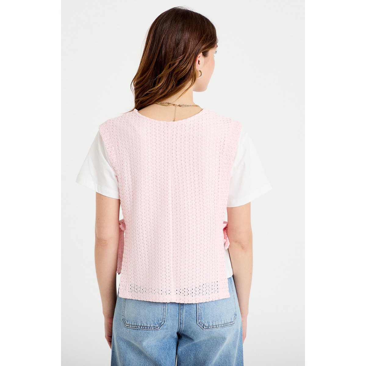 T-shirt 2-en-1 col rond manches courtes rose clair, CACHE CACHE