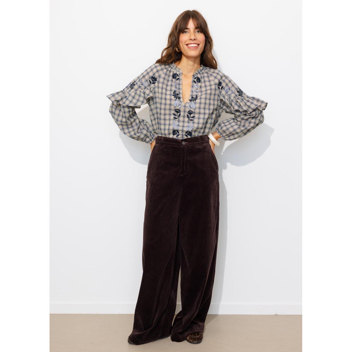 Blouse brodée à volants carreaux marine, PROMOD