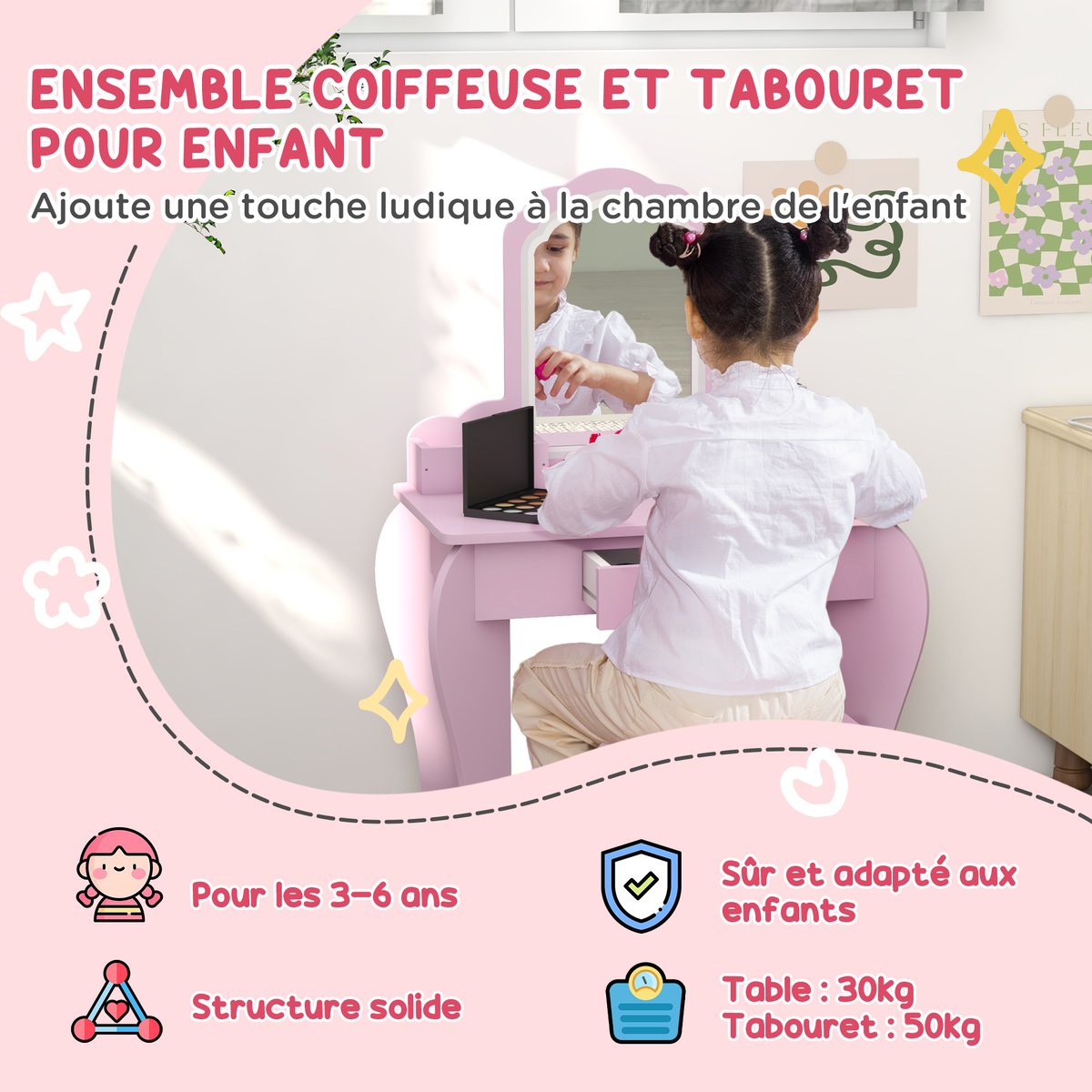 Ensemble de coiffeuse pour enfants MDF Rose rose, ZONEKIZ