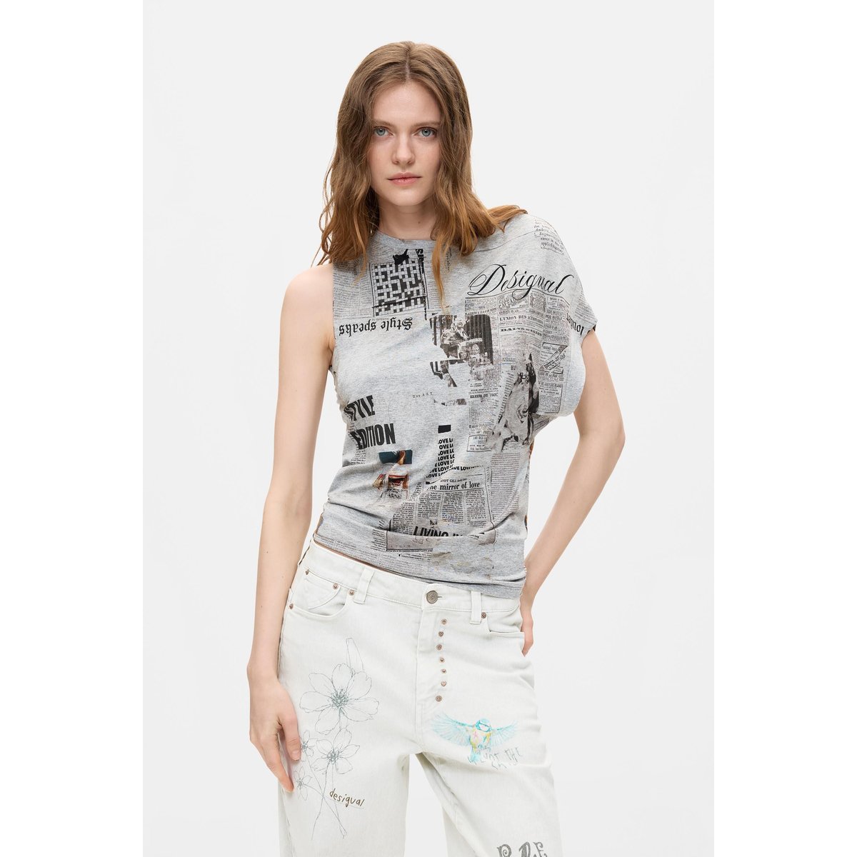Pantalon en jean ballon imprimé beige, DESIGUAL