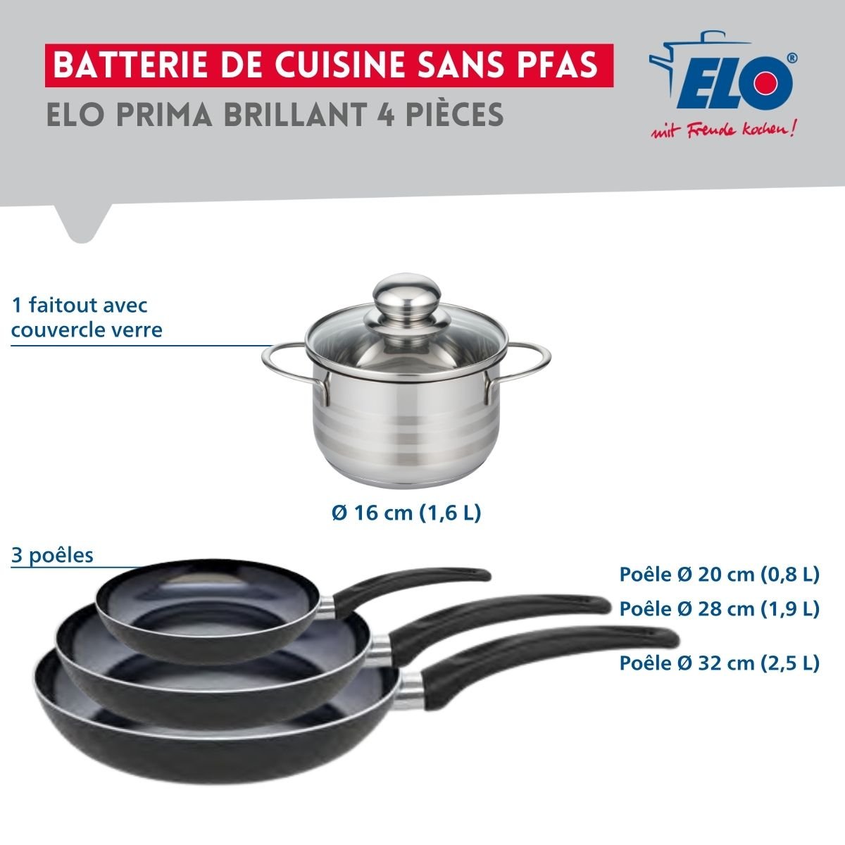 Batterie 3 poêles 20/28/32cm + 1 faitout 16cm PRIMA BRILLANT noir, ELO