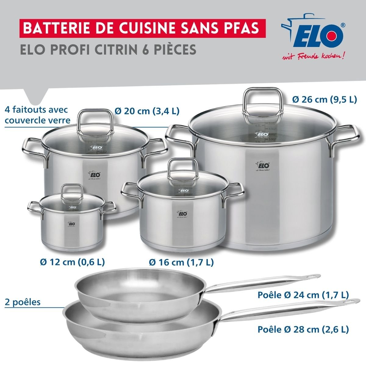 2 poêles 24/28cm + 4 faitouts 12/16/20/26cm PROFI CITRIN gris, ELO