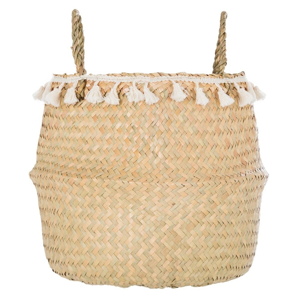 Panier tressé seagrass pli pompons beige, ATMOSPHERA