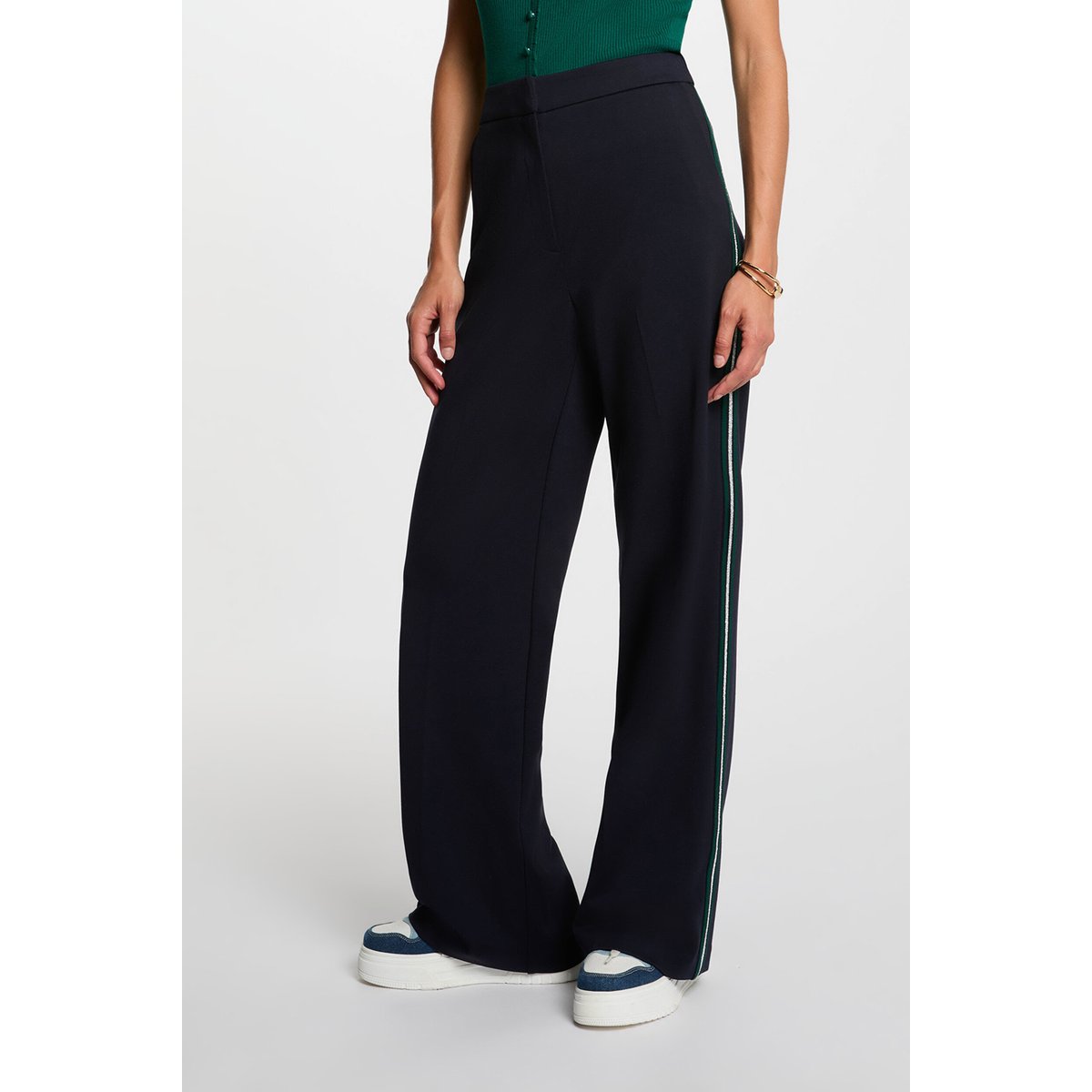 Pantalon large bandes côtés bleu marine, MORGAN