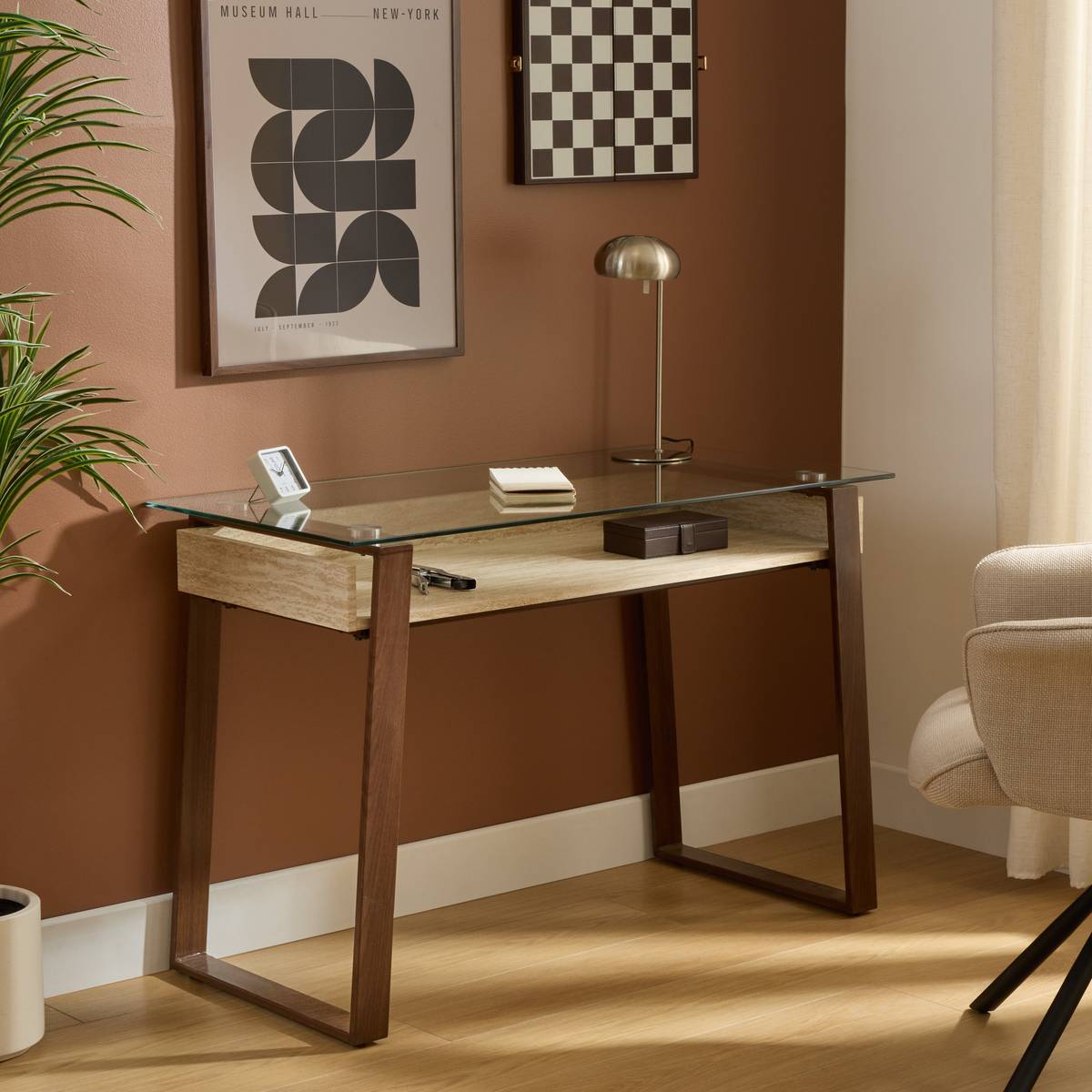 Bureau rectangulaire en verre trempé ARIRO beige, ATMOSPHERA