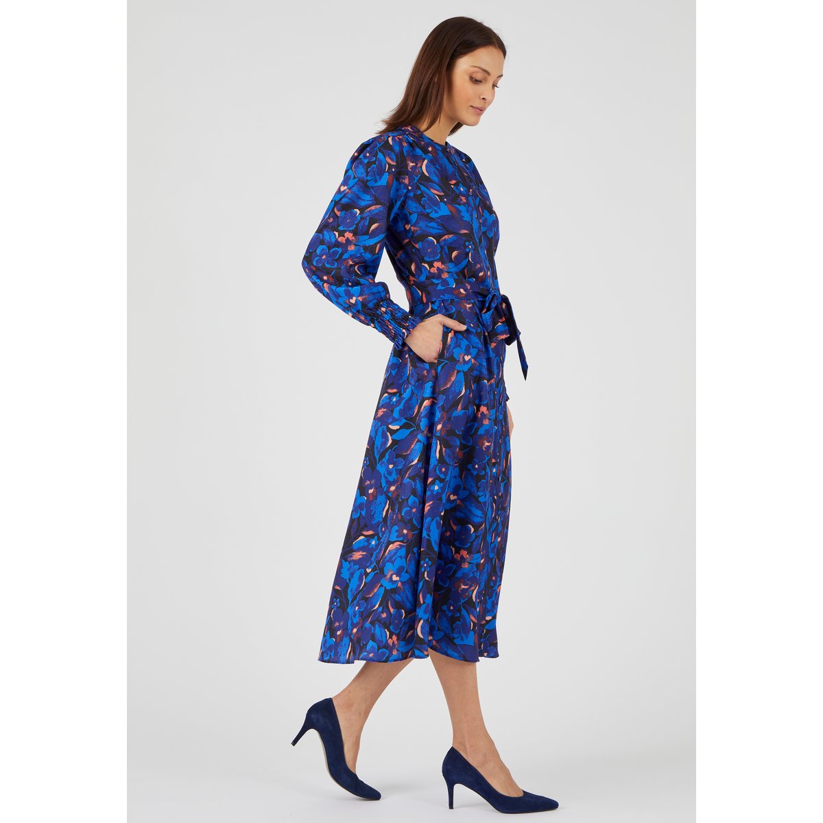 Robe-chemise fantaisie smockée bleu fleuri, DAMART
