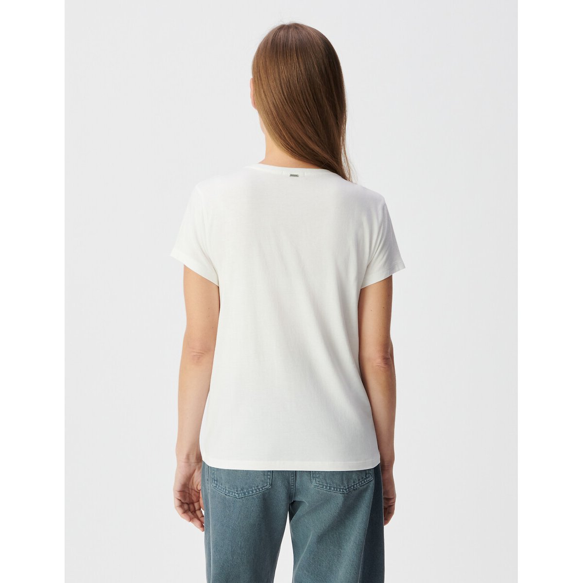 T-shirt col V manches courtes à message brodé blanc cassé, IKKS